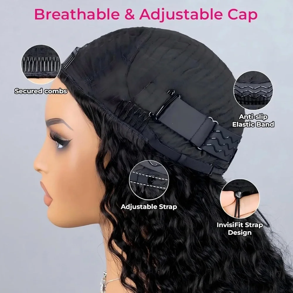 Isee Natural Black Water Wave Human Hair Glueless 26 Inch Half Wig